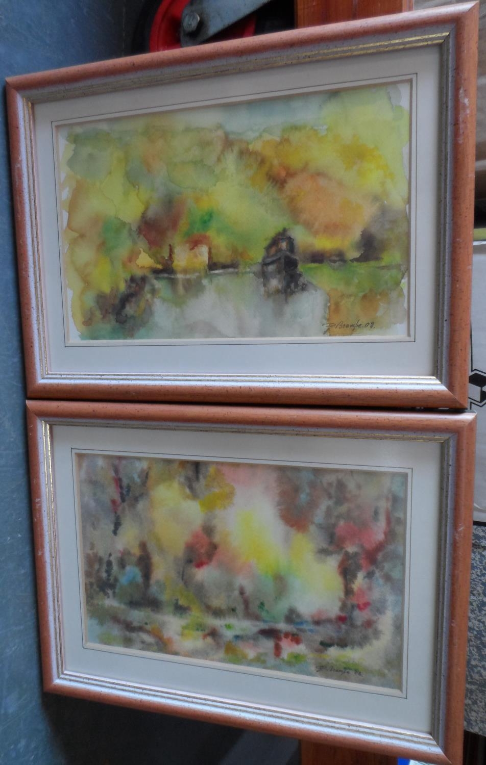 Indistinctly signed pair of 2002 impressionist watercolours in matching thin wood frames (2), Both