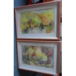 Indistinctly signed pair of 2002 impressionist watercolours in matching thin wood frames (2), Both