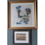 signed Japanese watercolour depicting a waterlily together with a small Japanese woodcut (2), both