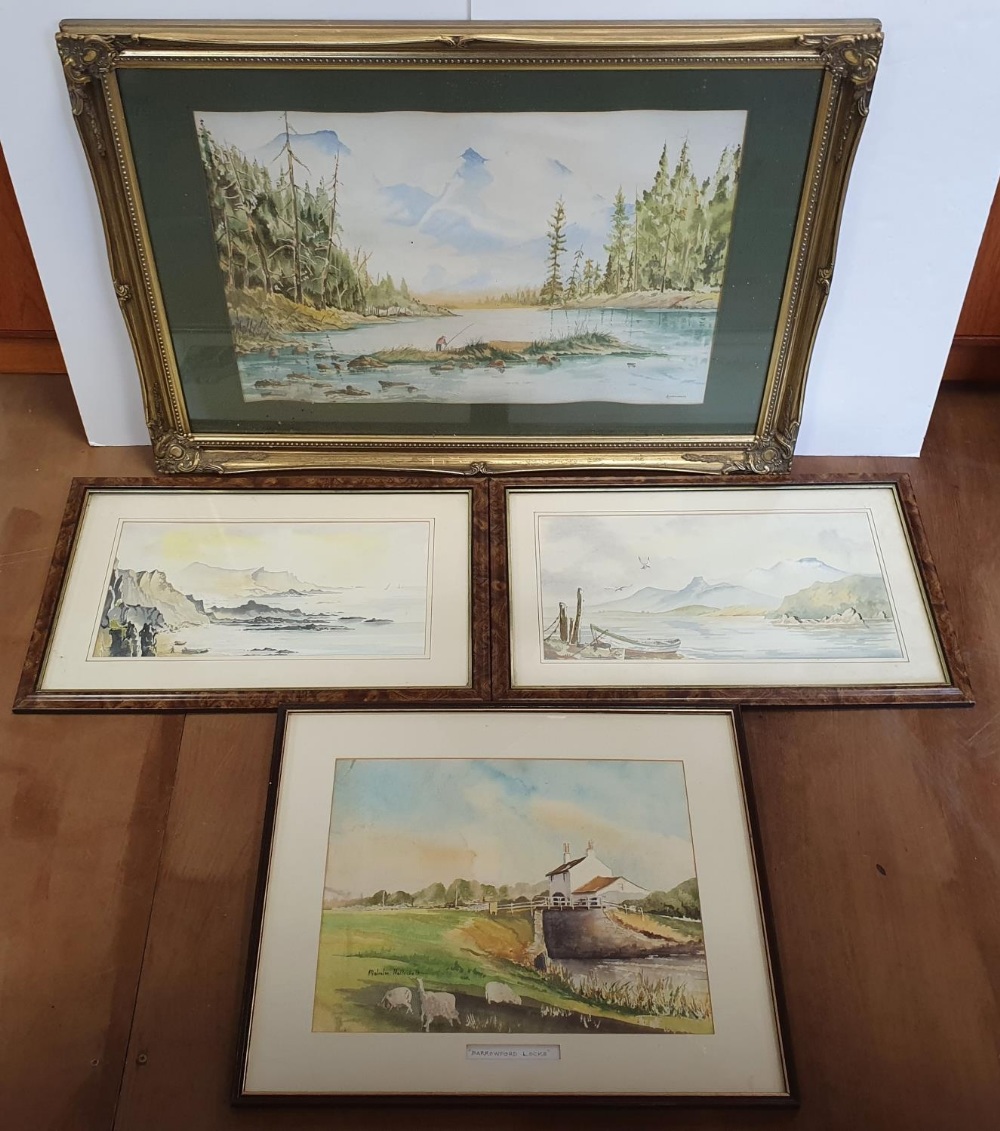 Collection of 4 framed landscape watercolours by H Sandham & Malcolm Halliwell, various sizes