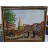 Doreen Parker oil on canvas, "Dutch town scene" framed, signed, The oil measures 51 x 41 cm