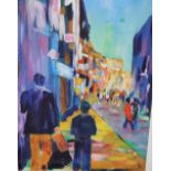 Cynthia Morgans-Hurley (Wales) colourful modern acrylic "Out with dad", signed in monogram, framed