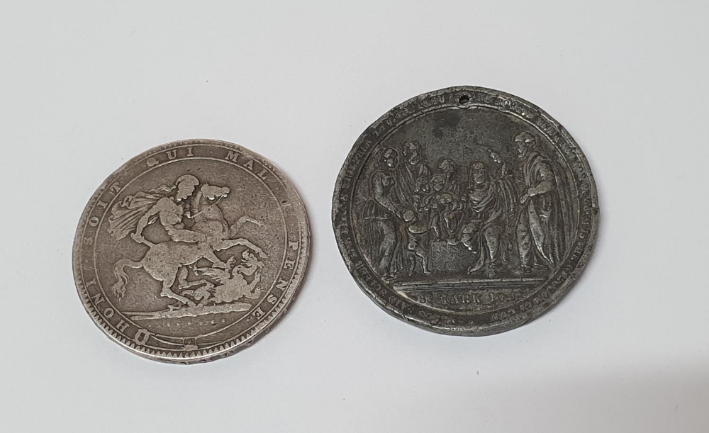 George III 1819 silver crown together with a 19thC base metal, drilled, foreign coin or medal (2) - Image 2 of 2