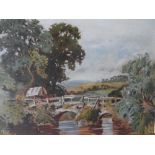 Unsigned Edwardian oil on card, "Country bridge", gilt mount but unframed, The oil measures 20 x