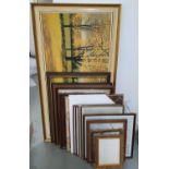 Large collection of differing sized wooden frames, some with prints together with 2 blank