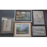 2 framed watercolours by differing artists together with 3 framed pen & ink drawings (5) Largest
