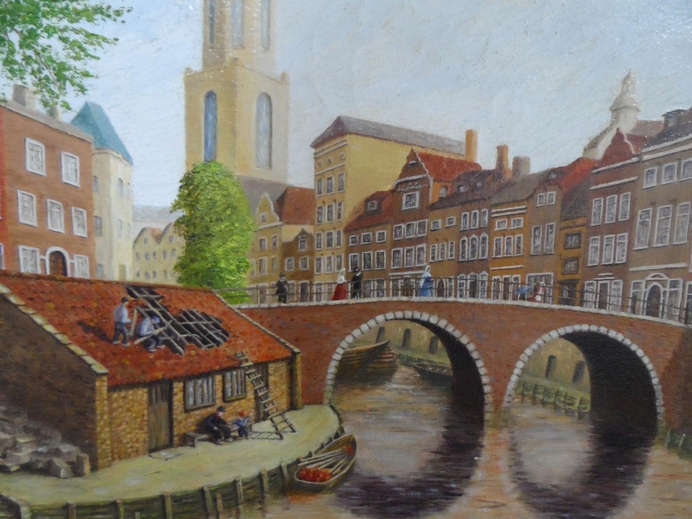Doreen Parker oil on canvas, "Dutch town scene" framed, signed, The oil measures 51 x 41 cm - Image 3 of 7