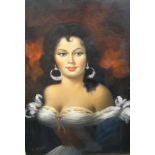Large, mid 2thC oil on canvas, portrait of a Spanish lady, indistinctly signed, wood framed, 71 x 51