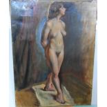 Unsigned, mid 20thC oil on canvas, portrait of full-length standing female nude, unframed, 67 x 51