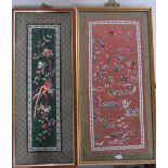 Two framed, Chinese embroideries, both with Chinese hanging clasps (2), The largest measures 61 x 29
