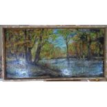 Large unsigned impressionist oil on board, "Wooded river landscape", thin molded frame, The oil
