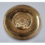 Hallmarked silver gilt, 1963 circular dish embossed with an English rose by Hickleton & Phillips 141