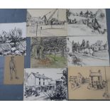 Noel R. BRANNAN (1921-2001), collection of 8 watercolours & pen drawings, all unframed, Approx
