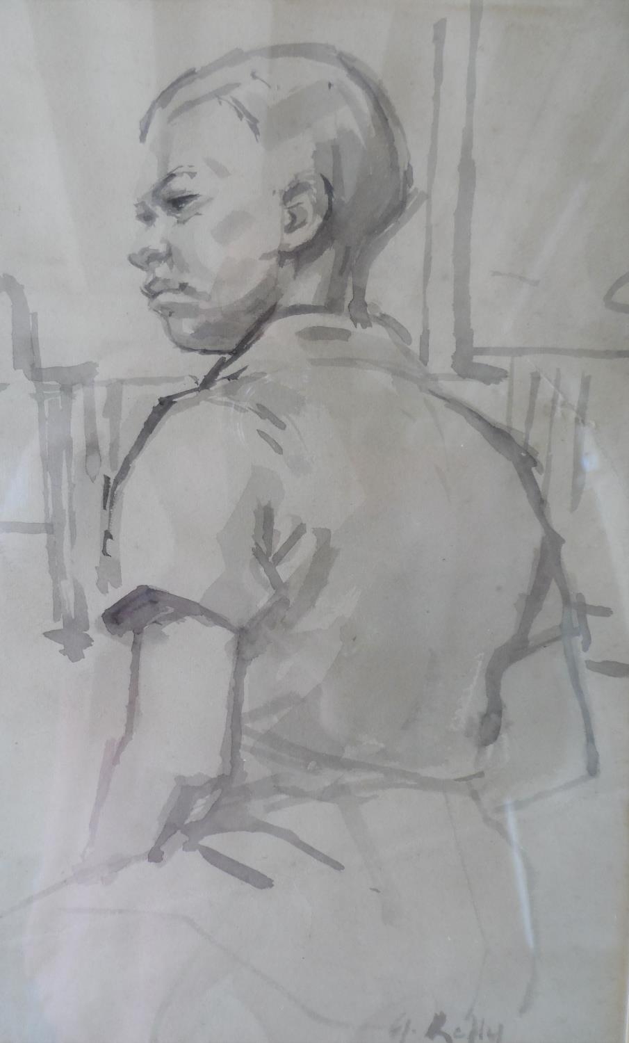 G Kelly grey watercolour wash portrait of a young boy, framed, The w/c measures 25 x 16 cm