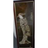 Signed 3-tiled Japanese geisha girl, in thin wood frame, 64 x 24 cm