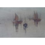Emily Allnutt 1917 watercolour "Fishing boats through the mist", framed, The w/c measures 20 x 32 cm