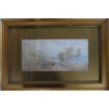 Unsigned, mid Victorian watercolour "Drover & cattle on country road" in gilt mount and frame, The
