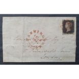QV penny black (E-H), plate 9 with 2 margins on envelope & with complete red Maltese Cross
