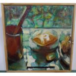 Bob Evans modernist oil on canvas, still-life in orange, thin wood surround, signed, 30 x 30 cm