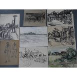 Noel R. BRANNAN (1921-2001), collection of 8 watercolours & pen drawings, all unframed, Approx