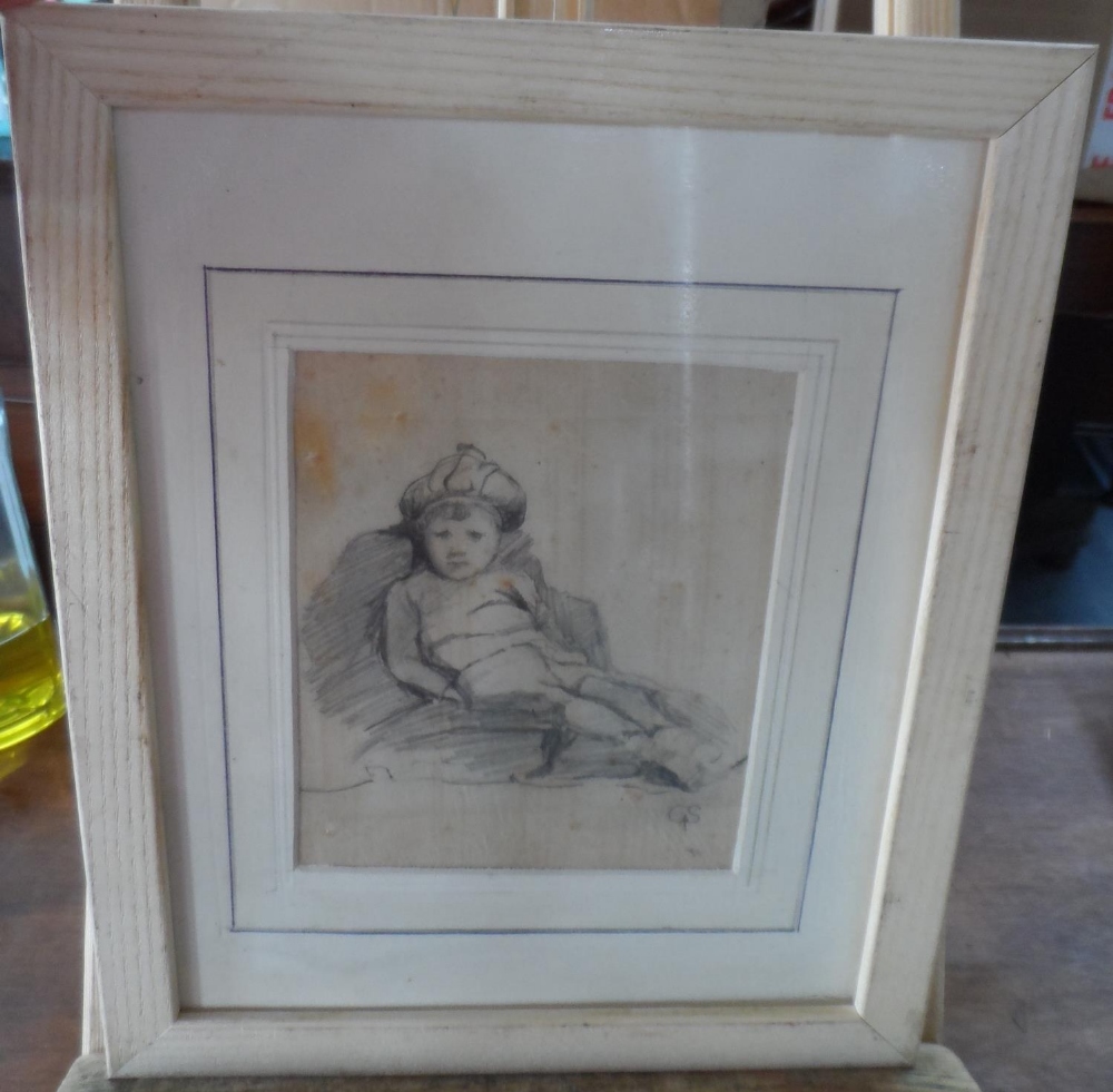 Mid 20thC pencil sketch of a young seated boy, signed with initials "G S", wood frame, The - Image 2 of 5