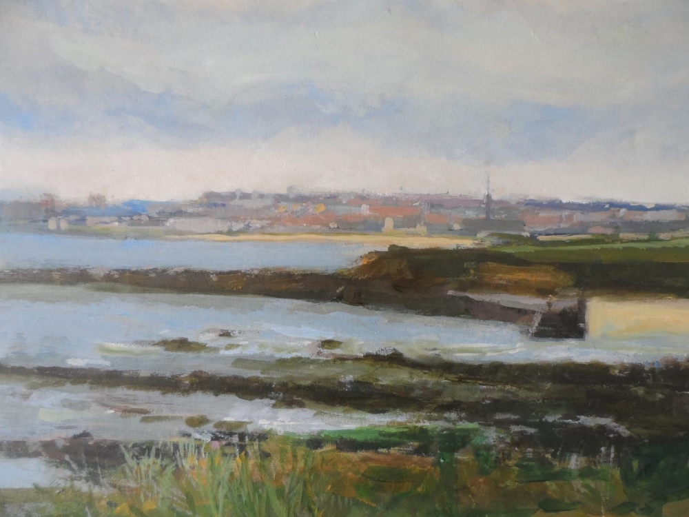 Fine quality, unsigned, 20thC impressionist oil on board, "View along the coast to distant town" - Image 3 of 5