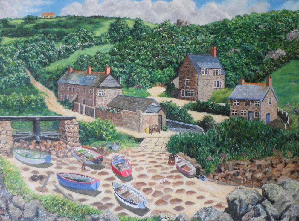 Large Gerry Gibbs oil on canvas, "Cornish cottages", unframed, signed & dated, 51 x 76 cm - Image 2 of 7