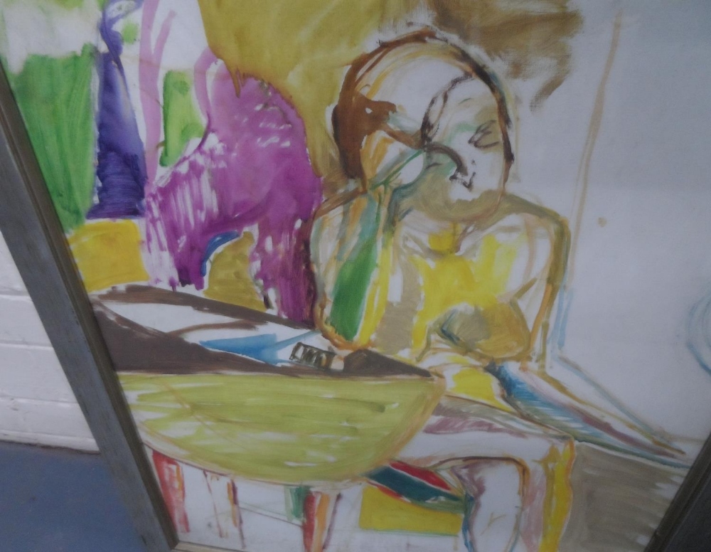 Large, mid/late 20thC, modernist oil on card sketch of a lady seated at a table, unsigned, framed - Image 3 of 3