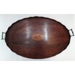 Large antique oval wooden in-laid tray 47 x 70 cm