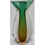 Heavy, large, vintage, Murano green & yellow vase (a/f), 33 cm tall Chip to edge