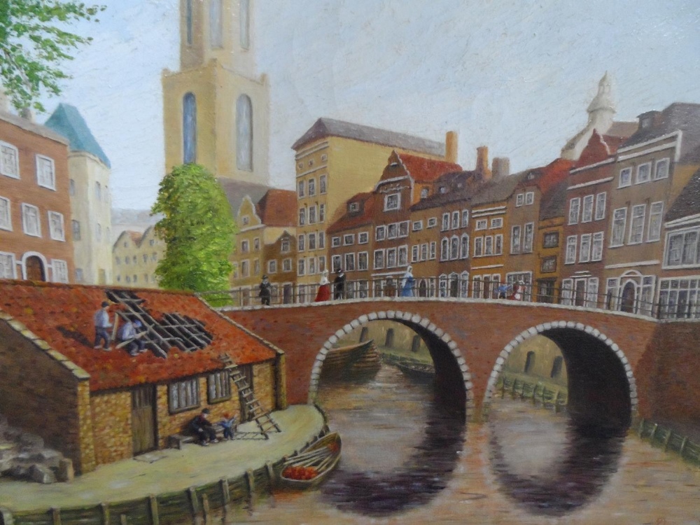 Doreen Parker oil on canvas, "Dutch town scene" framed, signed, The oil measures 51 x 41 cm - Image 2 of 7