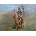 Doreen Parker oil on board, "Red Indian on horseback in extensive baron landscape", signed,