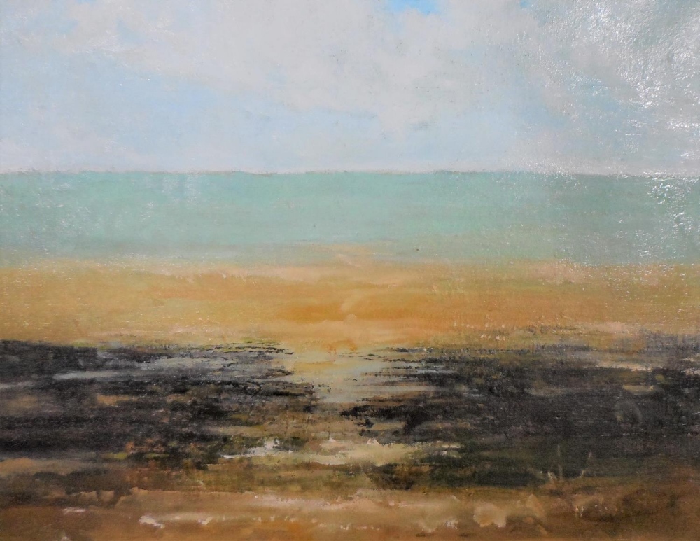 Unsigned modernist oil on canvas, "Sun, sea & sand", unframed, 46 x 57 cm - Image 2 of 3