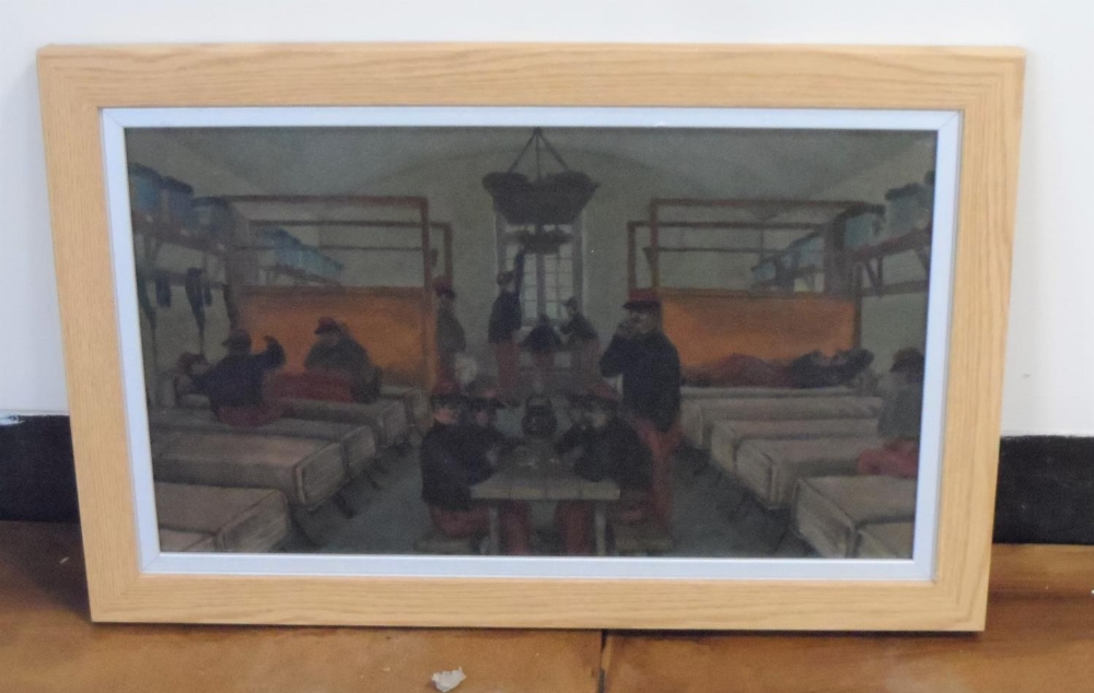 Rare, unsigned, early 20thC oil on board, French foreign legion barracks scene", in modern pine