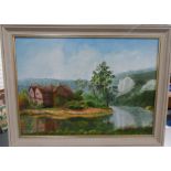 Pamela Parker oil on canvas, "The house at the bend in the river " framed, signed, The oil
