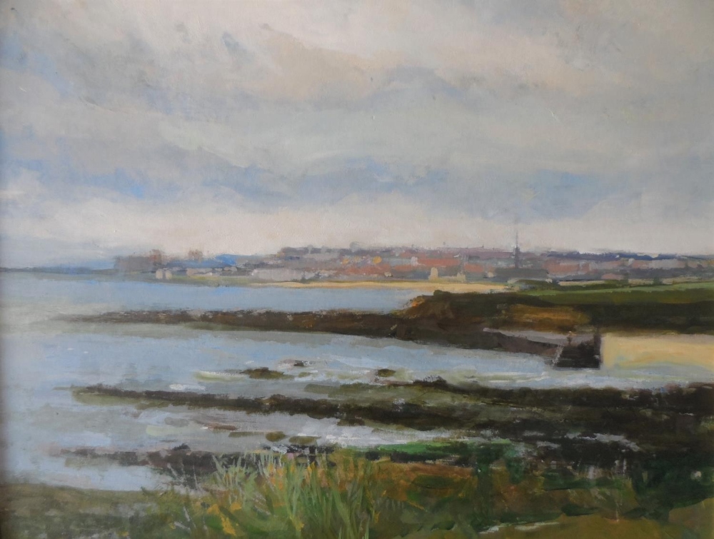 Fine quality, unsigned, 20thC impressionist oil on board, "View along the coast to distant town"