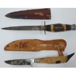 Thin bladed, horn handled sheathed knife together with another, "Hoof-handled sheathed knife (2)