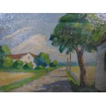 Unsigned, early 20thC French oil on canvas, "French country road", unframed, The oil measures 23 x