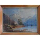 Unsigned Victorian watercolour "Fisherman in Alpine lake scene", framed, The w/c measures 25 x 32 cm