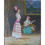 Gerry Gibbs 2017 oil on board "Spanish music & dancing lessons", unframed, 56 x 46 cm