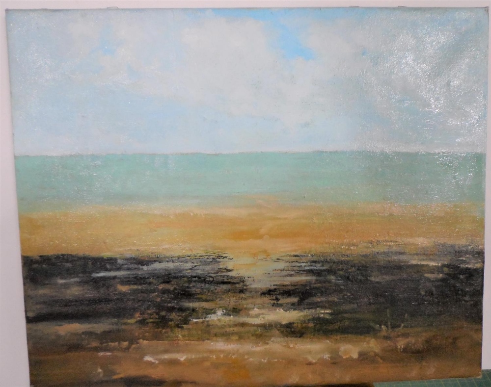 Unsigned modernist oil on canvas, "Sun, sea & sand", unframed, 46 x 57 cm