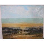 Unsigned modernist oil on canvas, "Sun, sea & sand", unframed, 46 x 57 cm