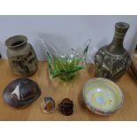 Modernist 1970s glass bowl, a Denby stoneware vase together with retro studio pottery items etc (
