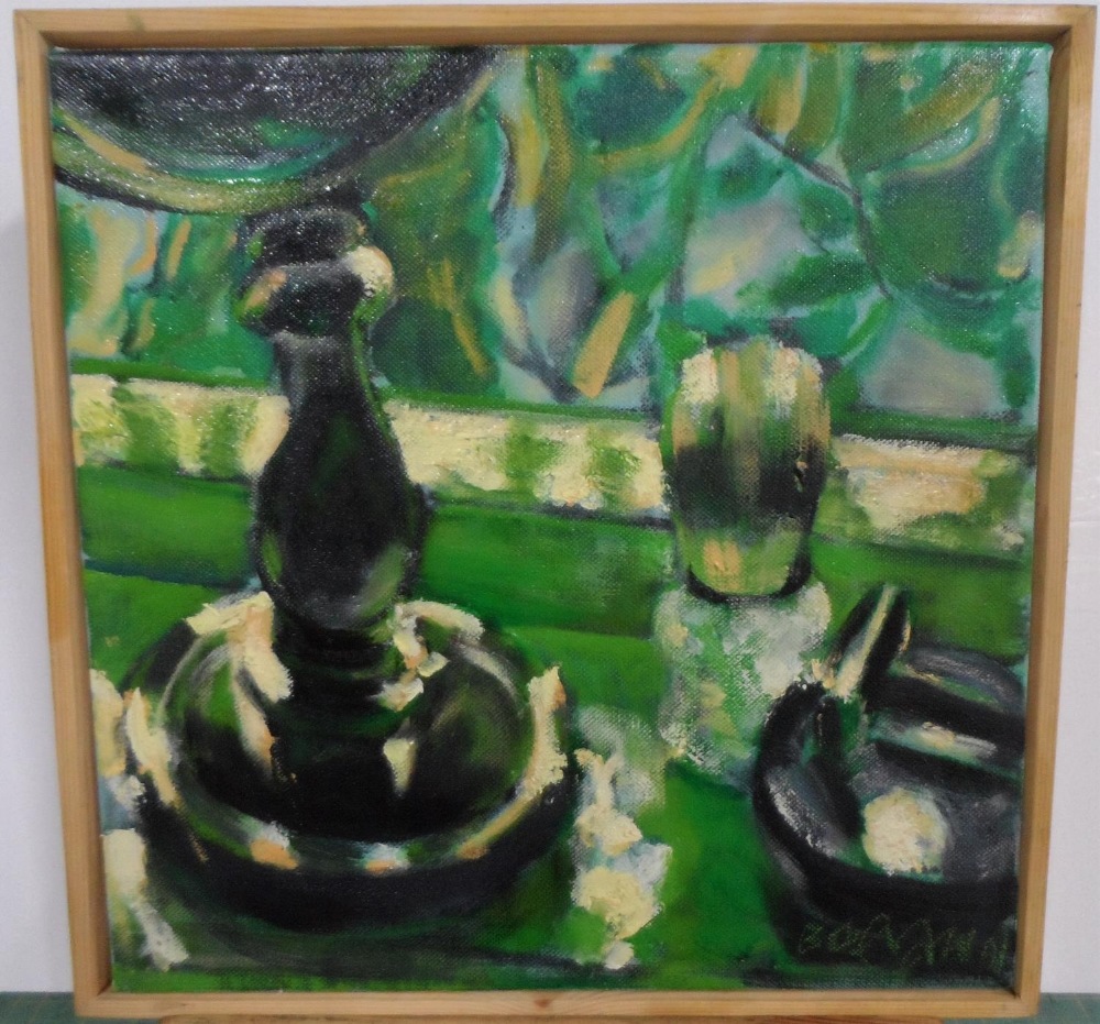 Bob Evans oil on canvas, impressionist still-life in green, thin wood surround, 30 x 30 cm