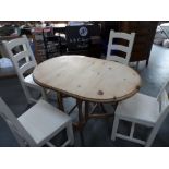 Drop leaf pine table with 4 solid wood (painted) chairs, The table measures 90 x 133 cm