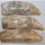 Collection of 3 replica resin small scrimshaws, all approx 16 cm long (3)