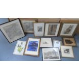 Collection of framed etchings, modernists, map of Mont Blanc, etc, (Qty)