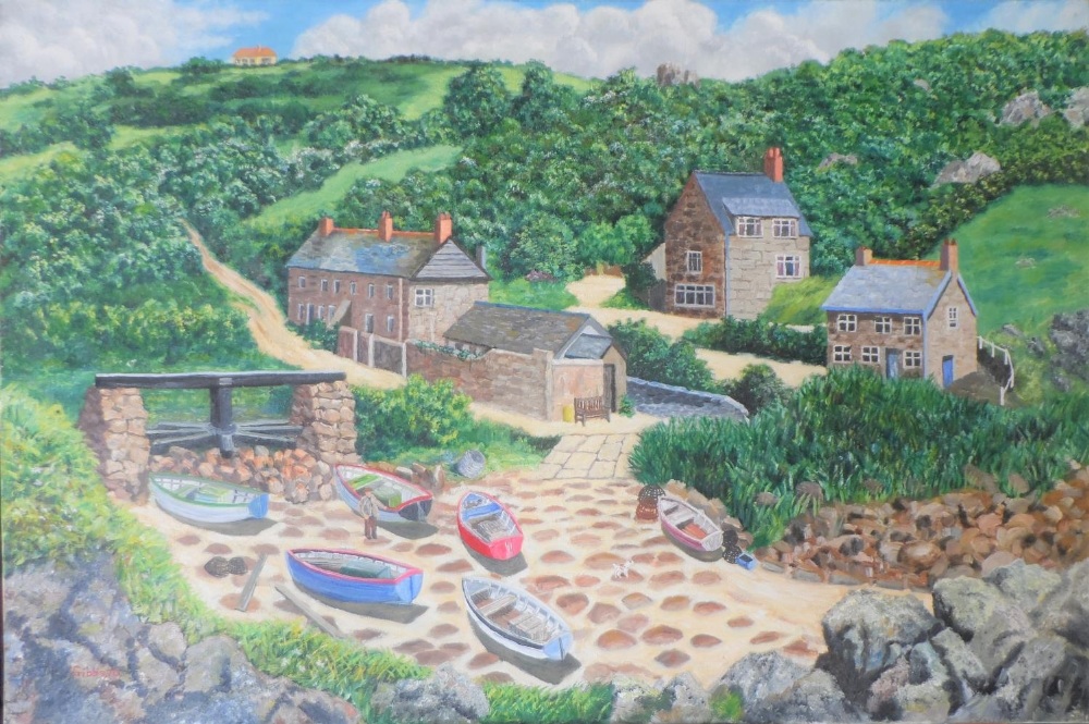 Large Gerry Gibbs oil on canvas, "Cornish cottages", unframed, signed & dated, 51 x 76 cm