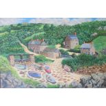 Large Gerry Gibbs oil on canvas, "Cornish cottages", unframed, signed & dated, 51 x 76 cm