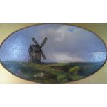 Unsigned, mid 19thC oval oil on board, "People, sheep and cows in country landscape near old